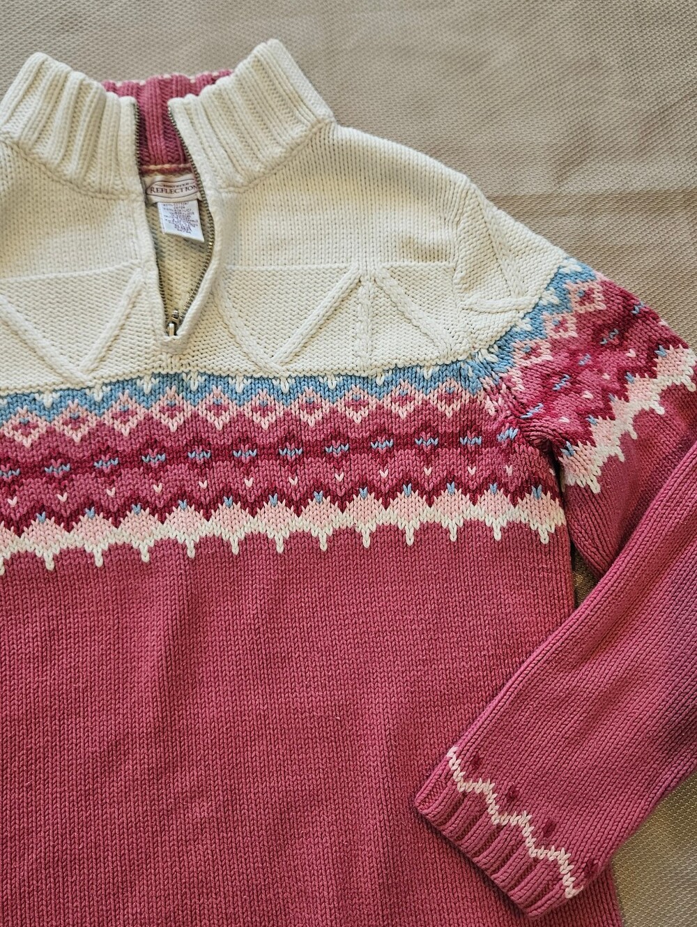 Northern Reflections Fair Isle Quarter Zip Sweater Womens M Pink Cream Knit